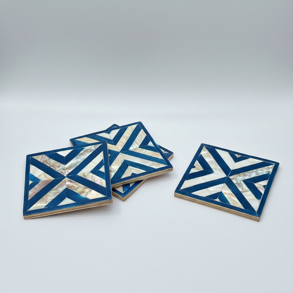 Wood Coaster Inlaid with Mother of Pearl - Chevron Blue - (Set of 4)