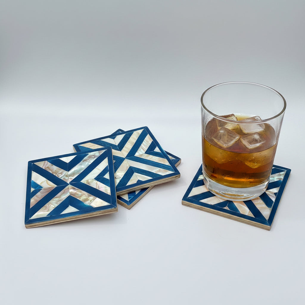 Wood Coaster Inlaid with Mother of Pearl - Chevron Blue - (Set of 4)