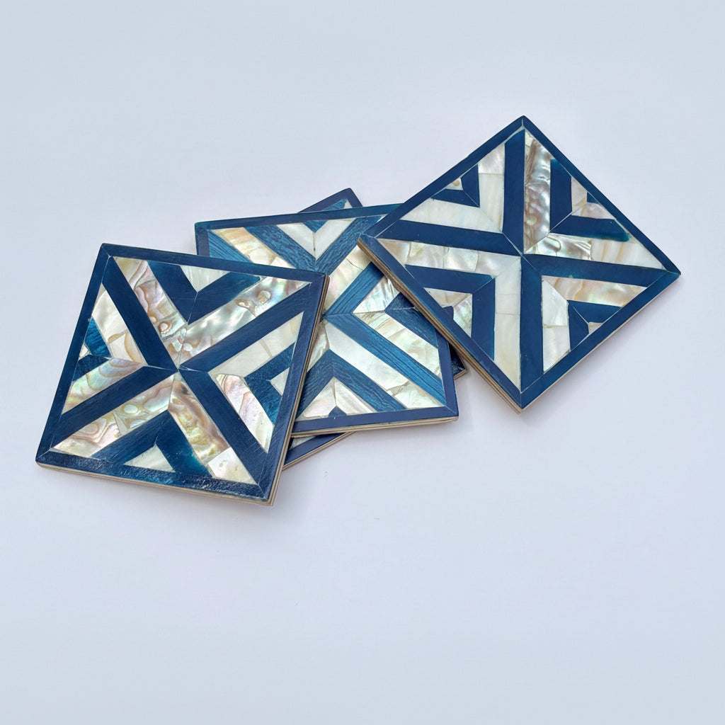 Wood Coaster Inlaid with Mother of Pearl - Chevron Blue - (Set of 4)