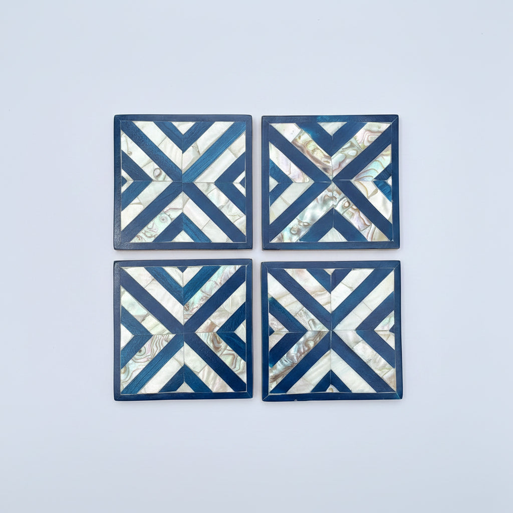Wood Coaster Inlaid with Mother of Pearl - Chevron Blue - (Set of 4)