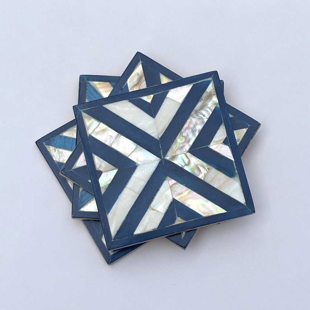 Wood Coaster Inlaid with Mother of Pearl - Chevron Blue - (Set of 4)