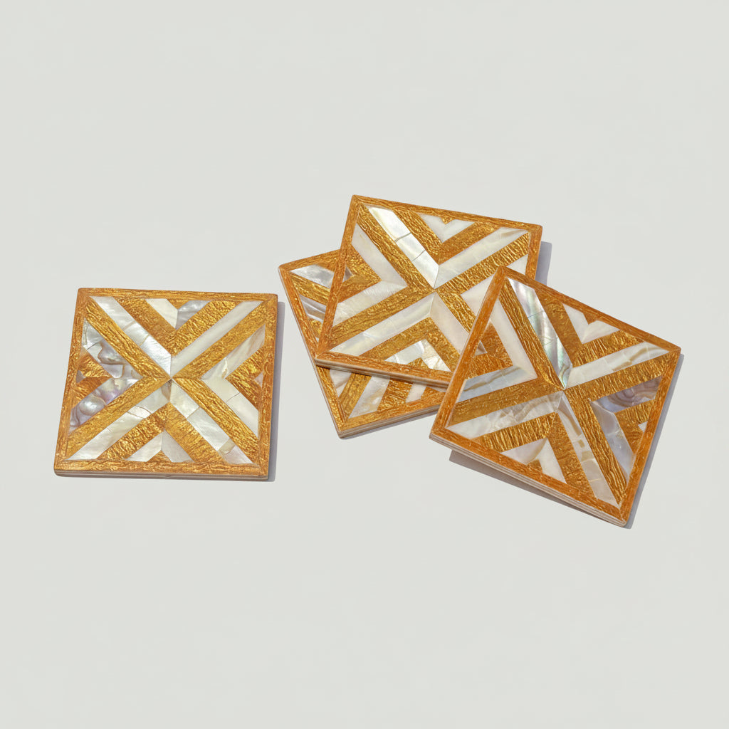 Wood Coaster Inlaid with Mother of Pearl - Chevron Gold - (Set of 4)