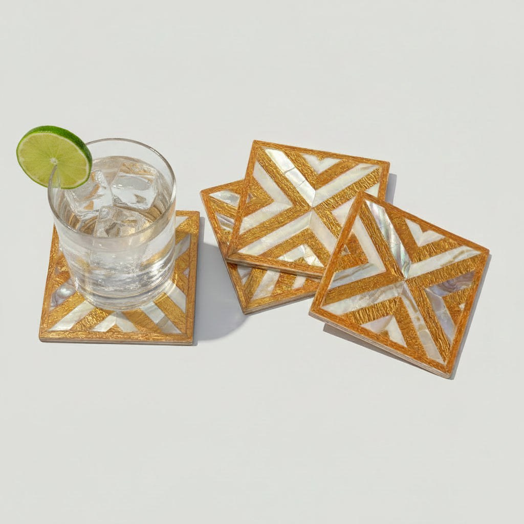 Wood Coaster Inlaid with Mother of Pearl - Chevron Gold - (Set of 4)