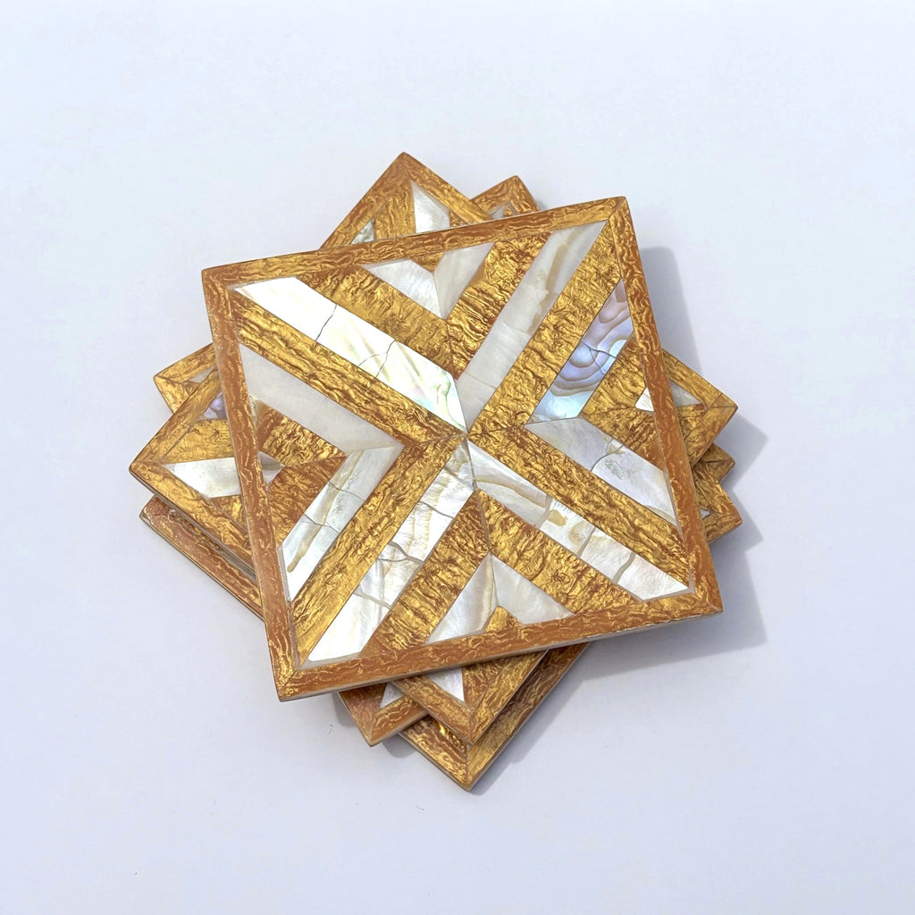 Wood Coaster Inlaid with Mother of Pearl - Chevron Gold - (Set of 4)