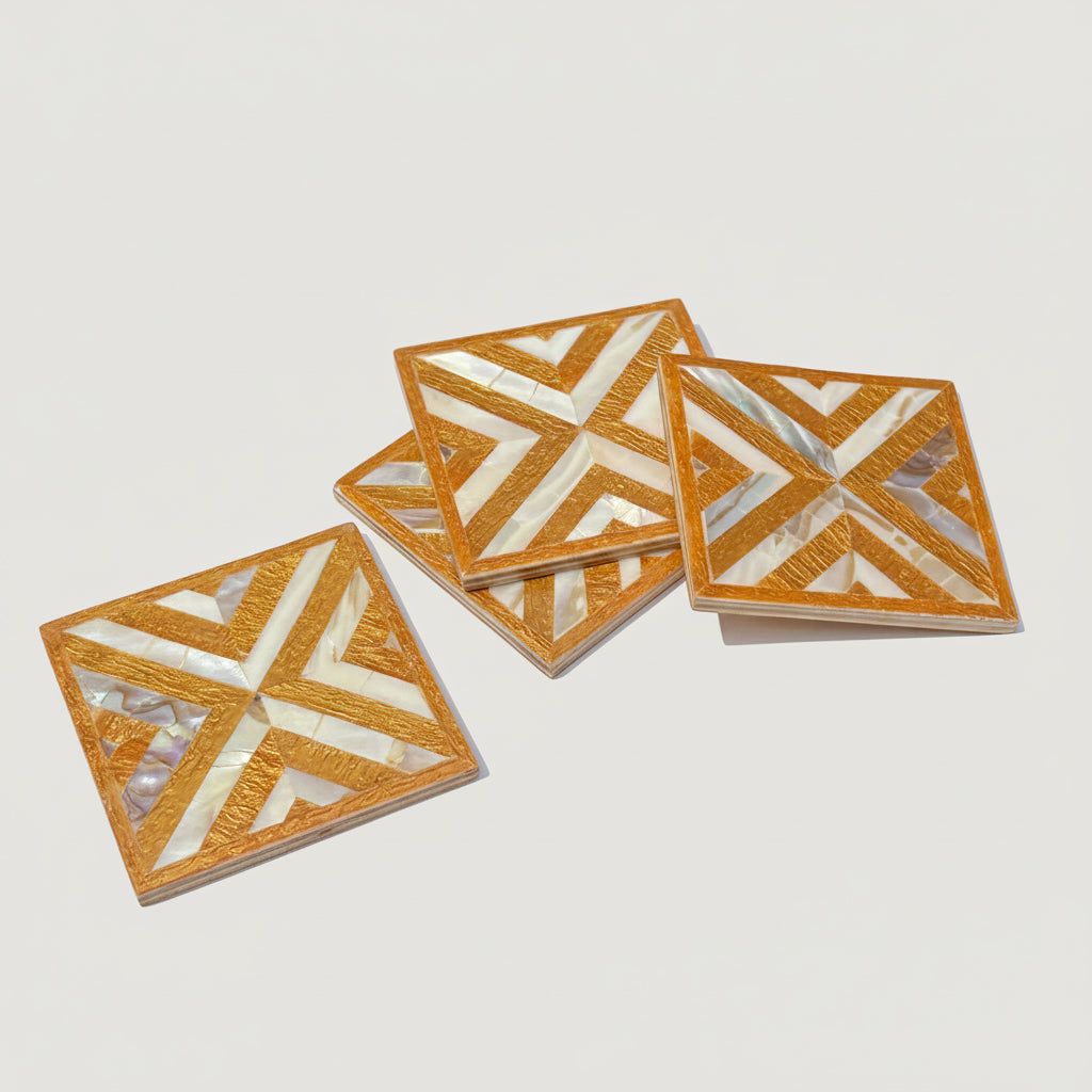 Wood Coaster Inlaid with Mother of Pearl - Chevron Gold - (Set of 4)