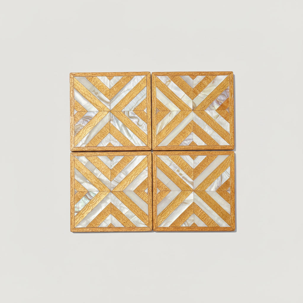 Wood Coaster Inlaid with Mother of Pearl - Chevron Gold - (Set of 4)