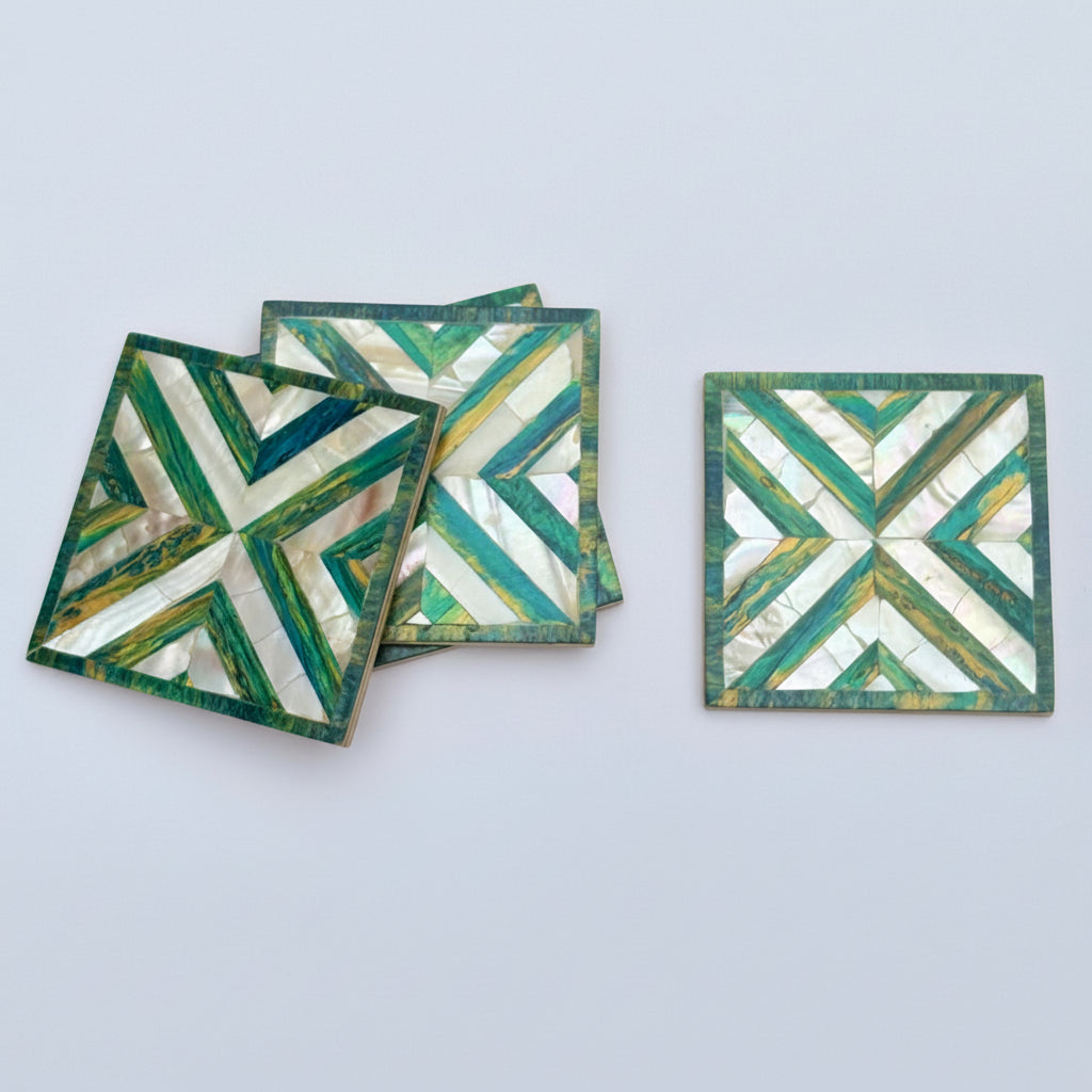 Wood Coaster Inlaid with Mother of Pearl - Chevron Green - (Set of 4)