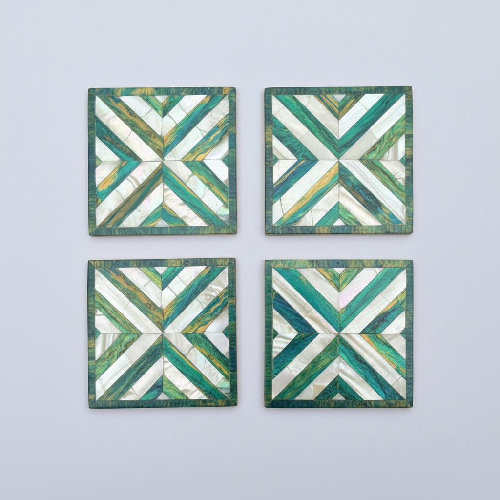 Wood Coaster Inlaid with Mother of Pearl - Chevron Green - (Set of 4)