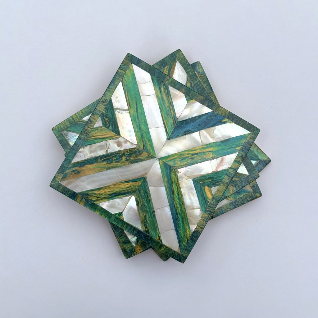 Wood Coaster Inlaid with Mother of Pearl - Chevron Green - (Set of 4)