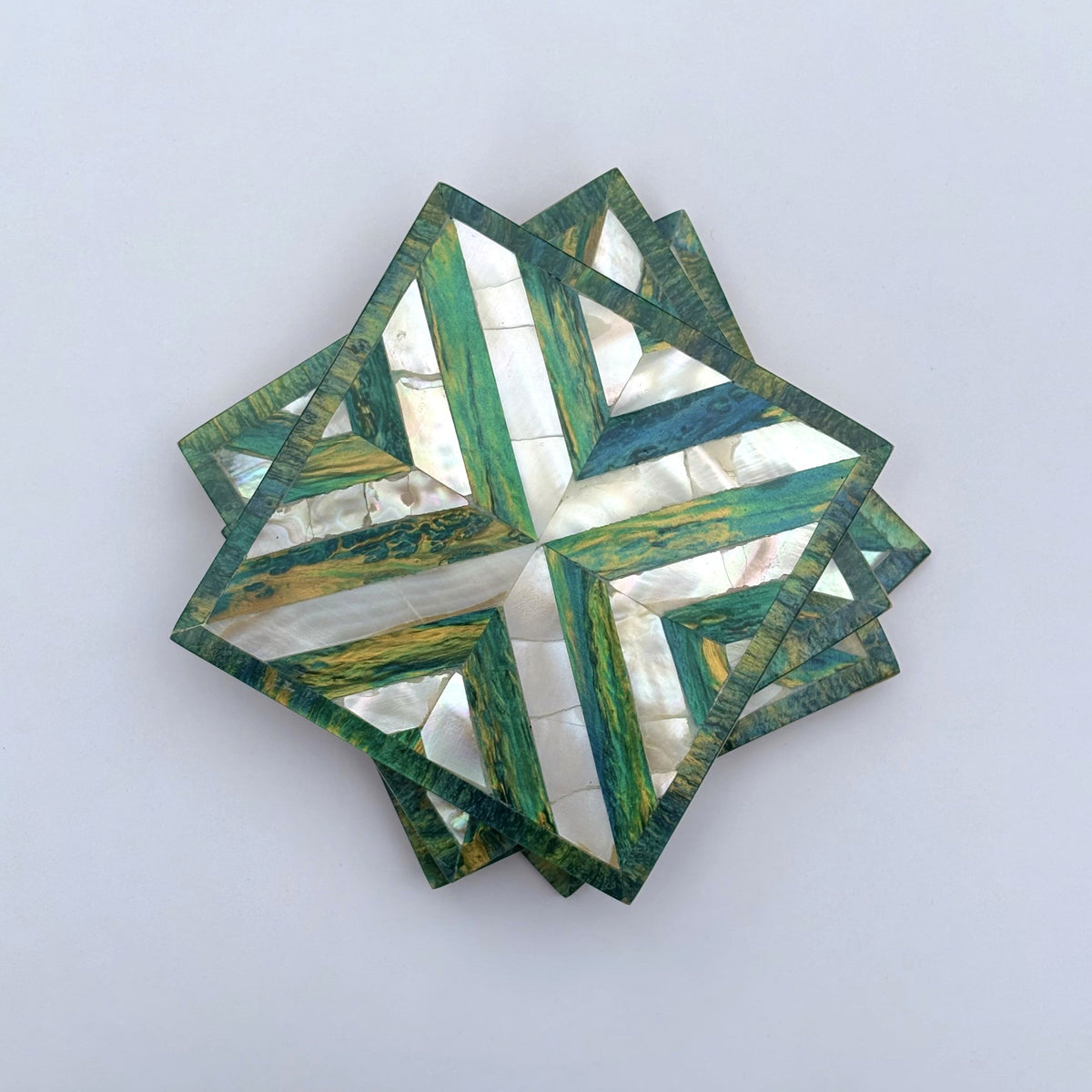 Wood Coaster Inlaid with Mother of Pearl - Chevron Green - (Set of 4)
