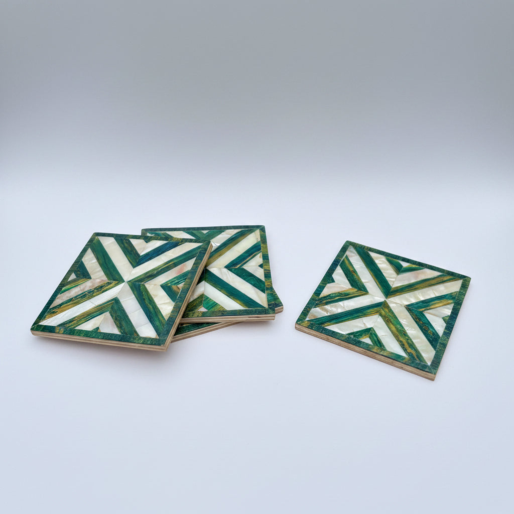 Wood Coaster Inlaid with Mother of Pearl - Chevron Green - (Set of 4)