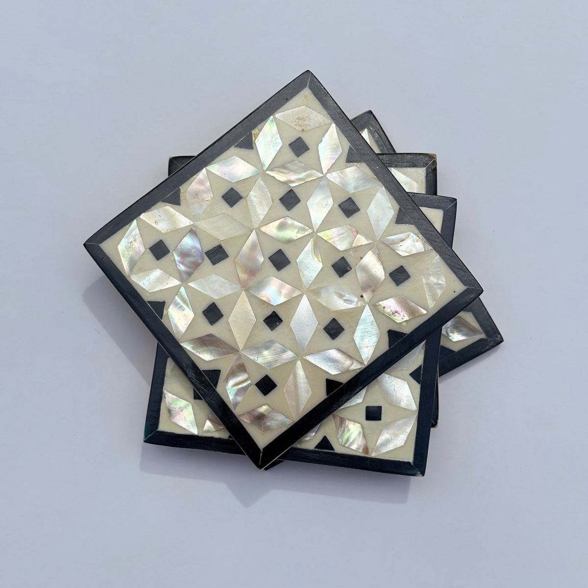 Wood Coaster Inlaid with Mother of Pearl - Kaleidoscope Black - (Set of 4)