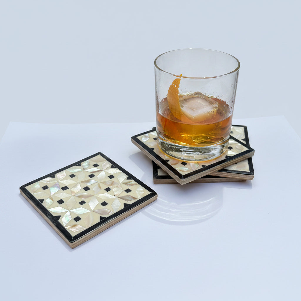 Wood Coaster Inlaid with Mother of Pearl - Kaleidoscope Black - (Set of 4)