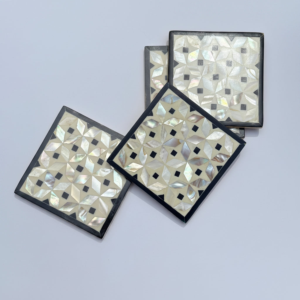 Wood Coaster Inlaid with Mother of Pearl - Kaleidoscope Black - (Set of 4)