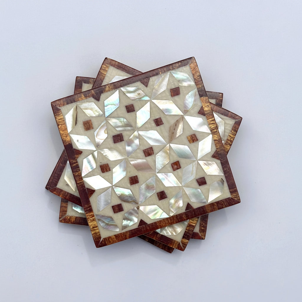 Wood Coaster Inlaid with Mother of Pearl - Kaleidoscope Brown - (Set of 4)