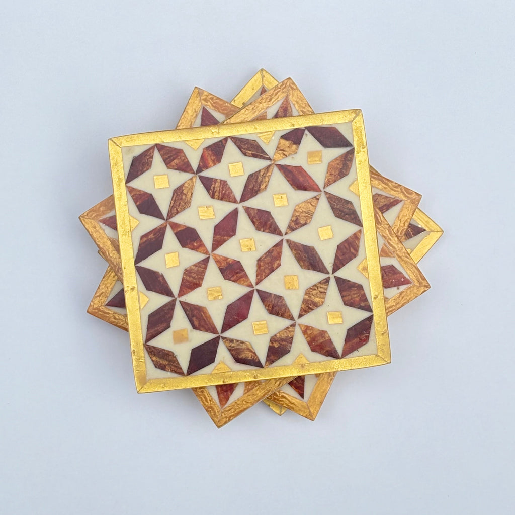 Wood Coaster Inlaid with Mother of Pearl - Kaleidoscope Brown & Gold - (Set of 4)