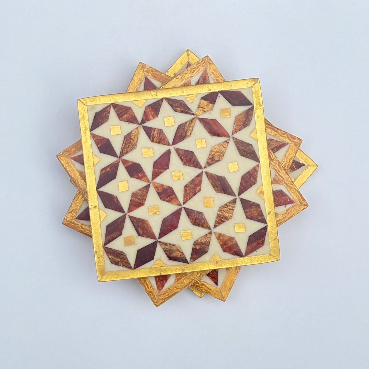 Wood Coaster Inlaid with Mother of Pearl - Kaleidoscope Brown & Gold - (Set of 4)