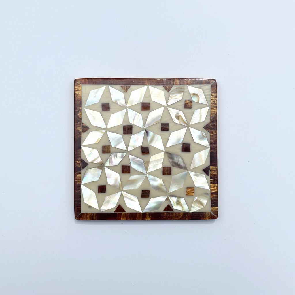 Wood Coaster Inlaid with Mother of Pearl - Kaleidoscope Brown - (Set of 4)