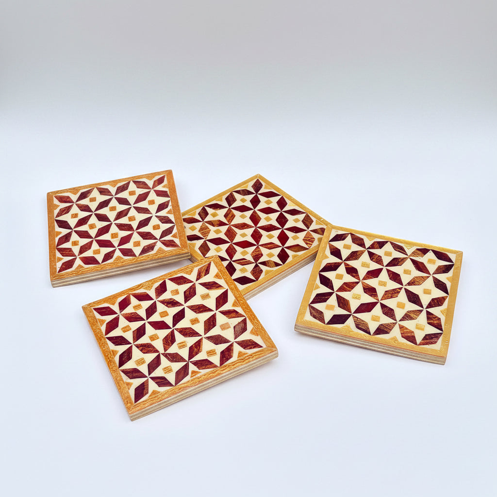 Wood Coaster Inlaid with Mother of Pearl - Kaleidoscope Brown & Gold - (Set of 4)