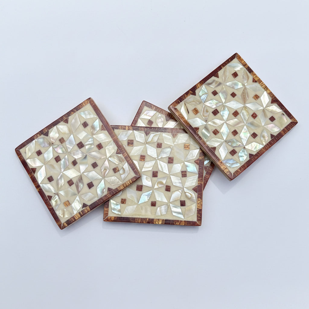 Wood Coaster Inlaid with Mother of Pearl - Kaleidoscope Brown - (Set of 4)