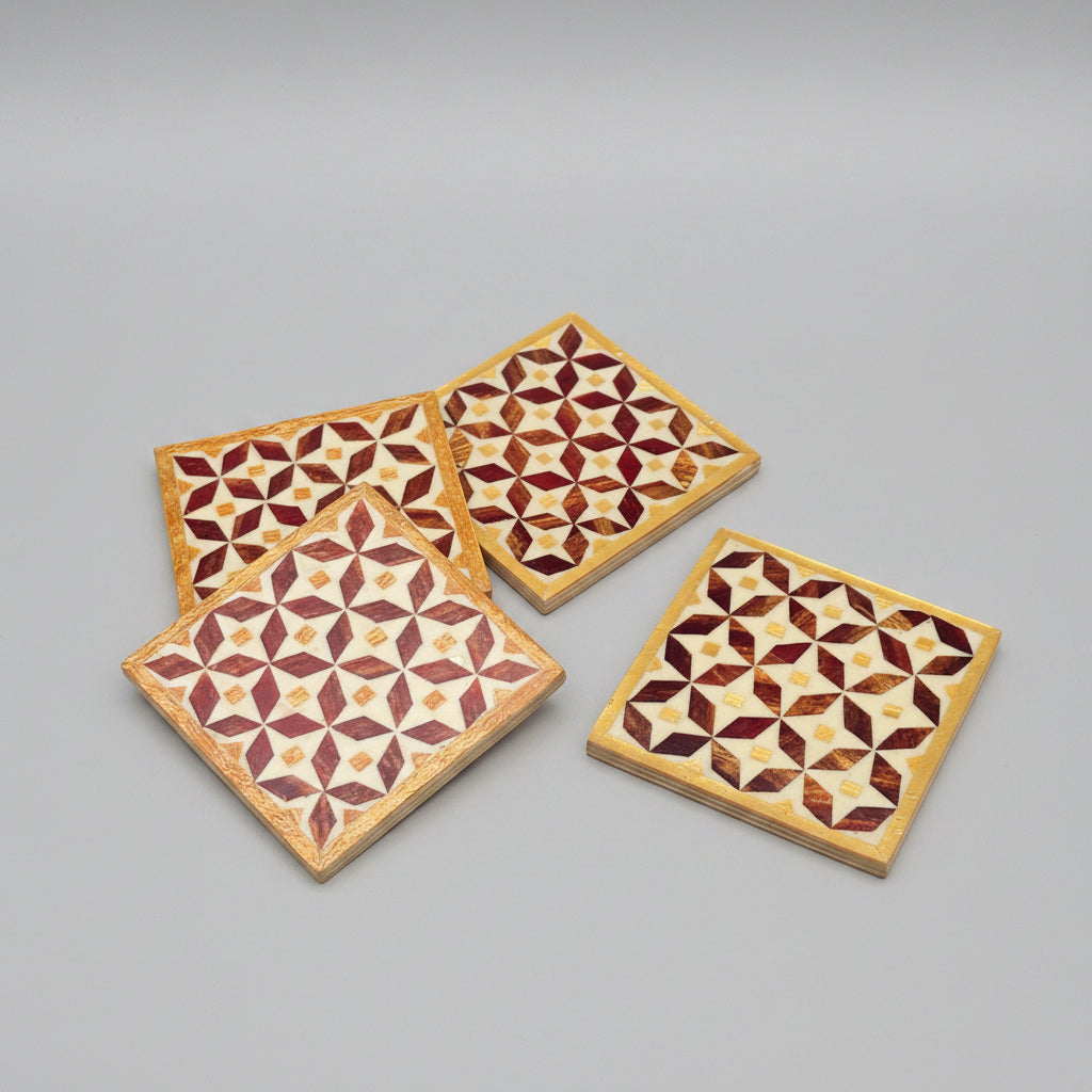 Wood Coaster Inlaid with Mother of Pearl - Kaleidoscope Brown & Gold - (Set of 4)
