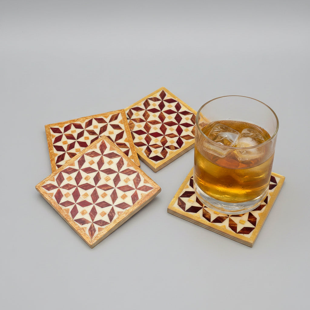 Wood Coaster Inlaid with Mother of Pearl - Kaleidoscope Brown & Gold - (Set of 4)