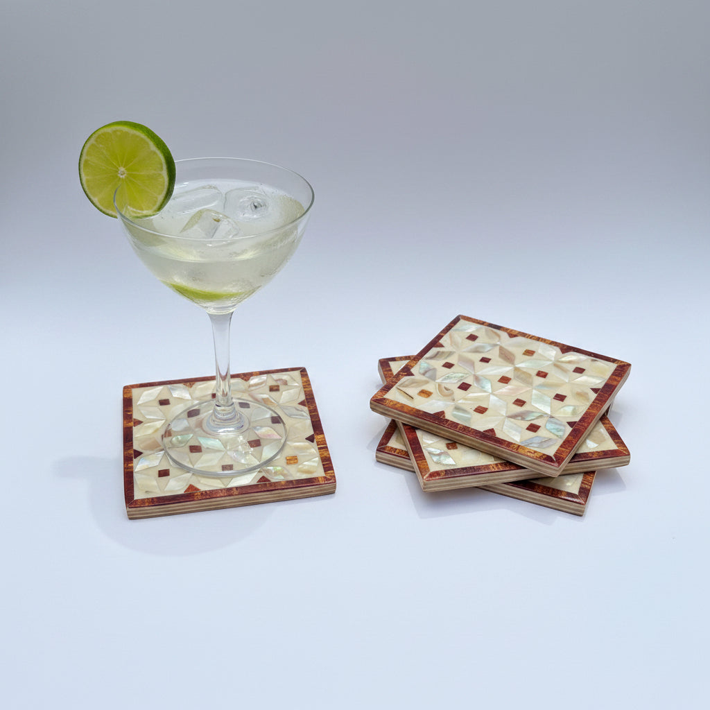Wood Coaster Inlaid with Mother of Pearl - Kaleidoscope Brown - (Set of 4)
