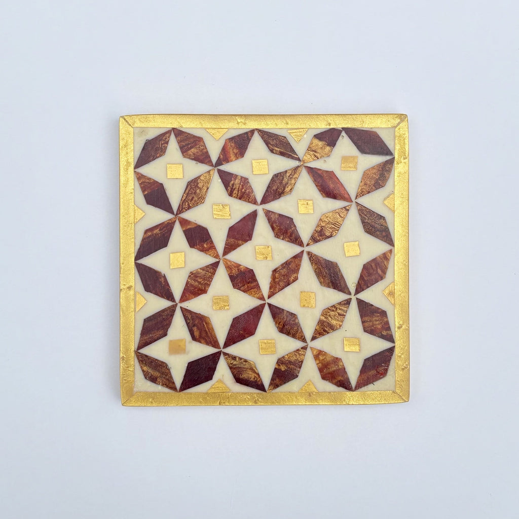 Wood Coaster Inlaid with Mother of Pearl - Kaleidoscope Brown & Gold - (Set of 4)