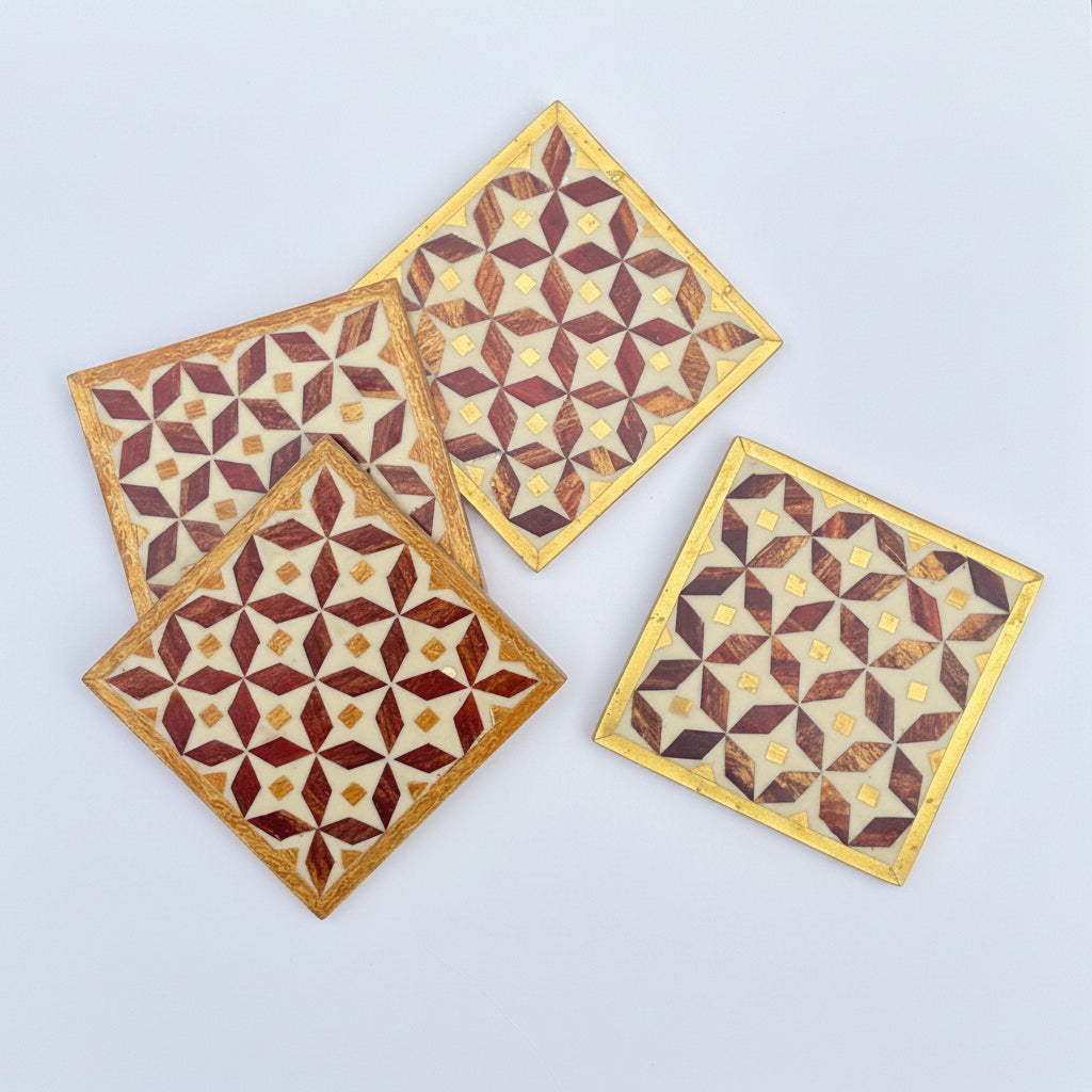 Wood Coaster Inlaid with Mother of Pearl - Kaleidoscope Brown & Gold - (Set of 4)