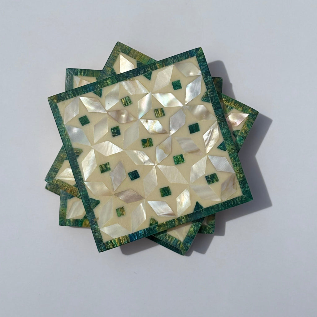 Wood Coaster Inlaid with Mother of Pearl - Kaleidoscope Green - (Set of 4)