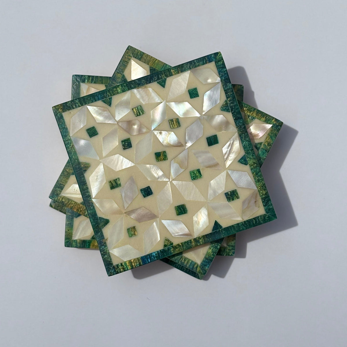 Wood Coaster Inlaid with Mother of Pearl - Kaleidoscope Green - (Set of 4)