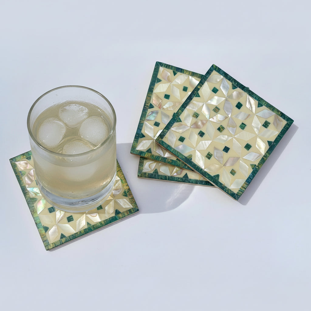 Wood Coaster Inlaid with Mother of Pearl - Kaleidoscope Green - (Set of 4)