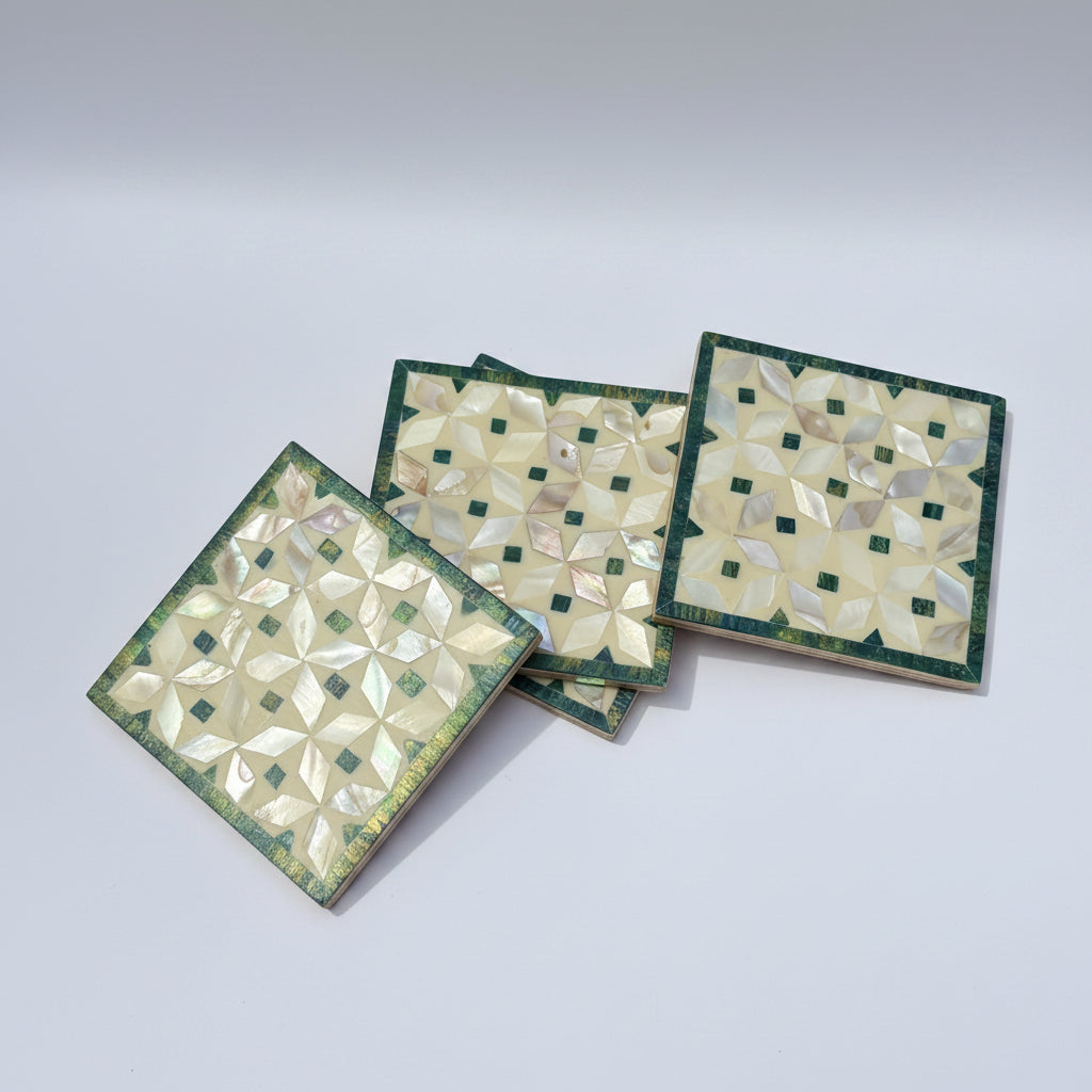 Wood Coaster Inlaid with Mother of Pearl - Kaleidoscope Green - (Set of 4)