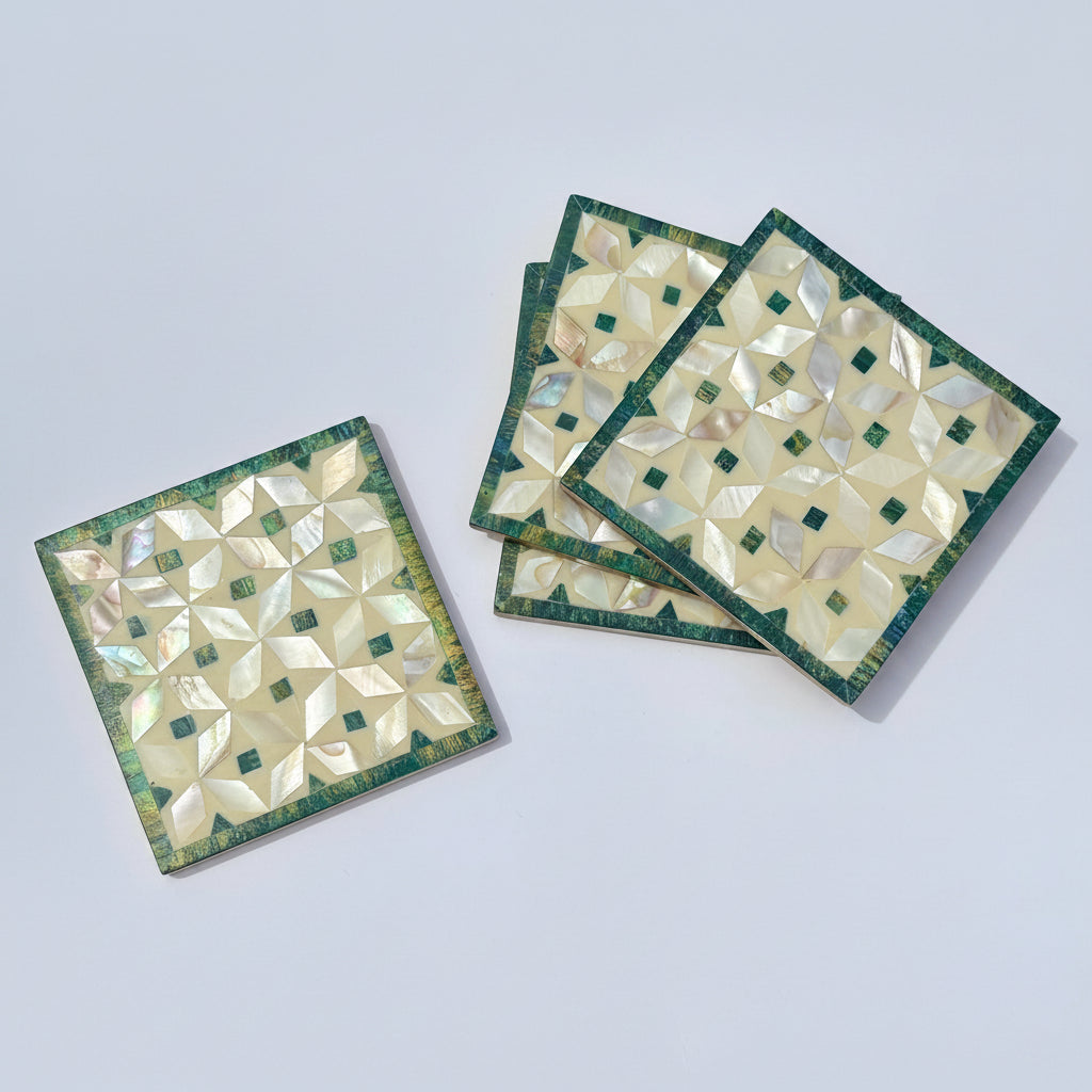 Wood Coaster Inlaid with Mother of Pearl - Kaleidoscope Green - (Set of 4)