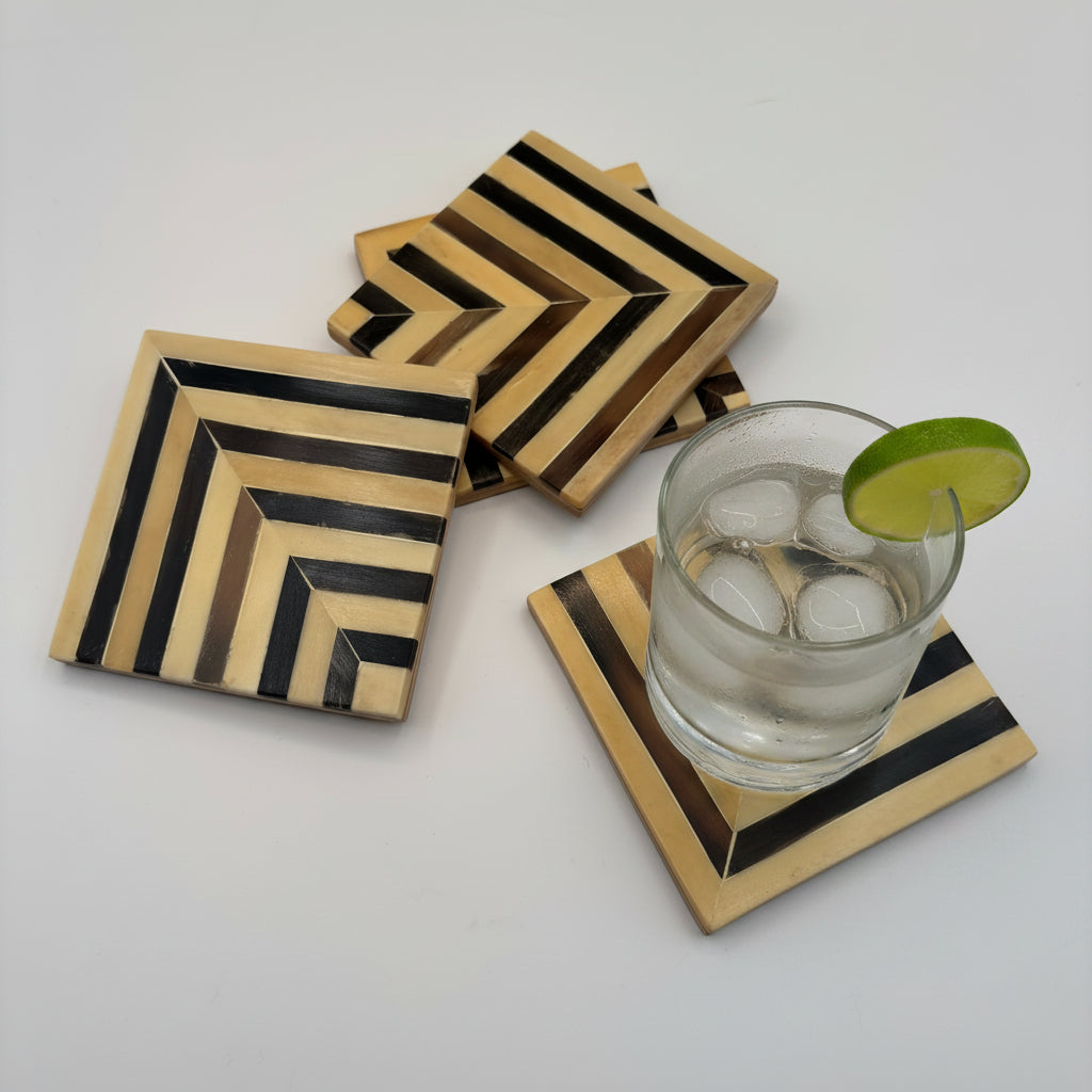 Wood Coaster Inlaid With Camel Bone - Chevrons - (Set of 4)
